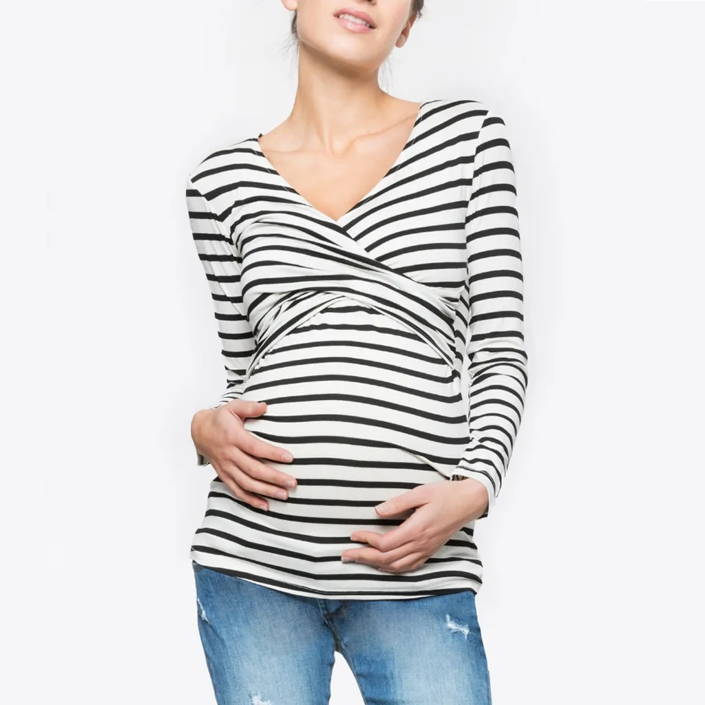 New Pregnant Women T-shirt Maternity Blouse Breastfeeding Casual Long Sleeve Tops Striped Pregnancy Breast Feeding Nursing Shirt