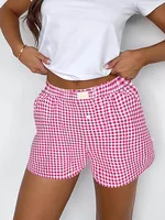 Shorts for Women Teen-girls Elastic Waistband Pull-on Red Blue Plaid Shorts Outfit Casual Lounge Summer Shorts - Image 2