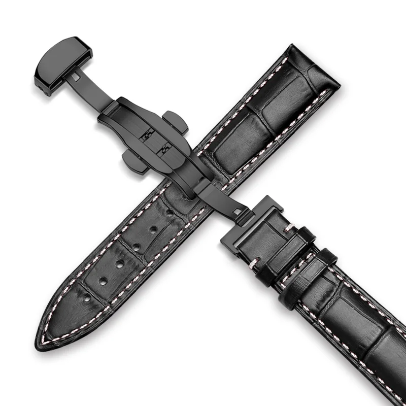 Butterfly Pattern Genuine Leather Watch Band Strap with Deployant Buckle in Brown & Black (12-24mm)