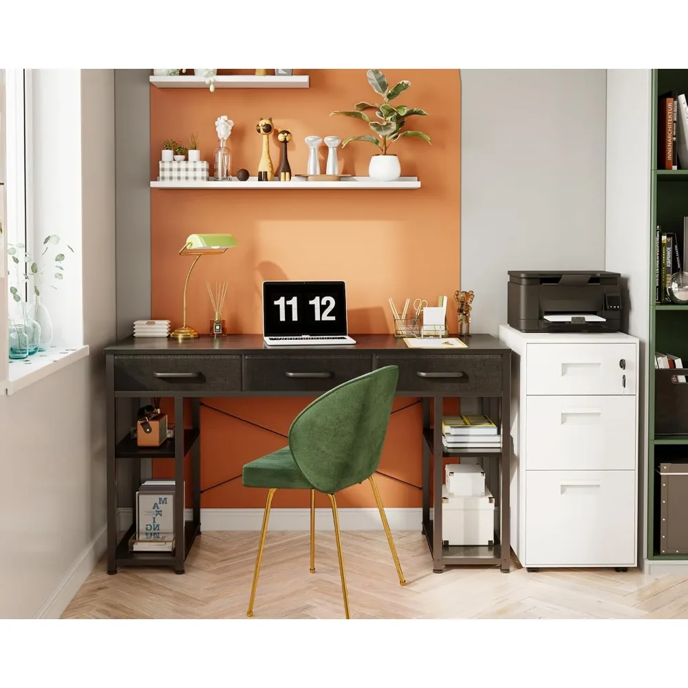 compact modern desk with fabric drawers and storage shelves, sleek black writing desk, 48"x16"