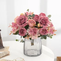 Artificial Flowers Retro Silk Rose Bouquet Hydrangea Peony Vintage Bride Holding Fake Plants Home Wedding Decoration Accessories 3