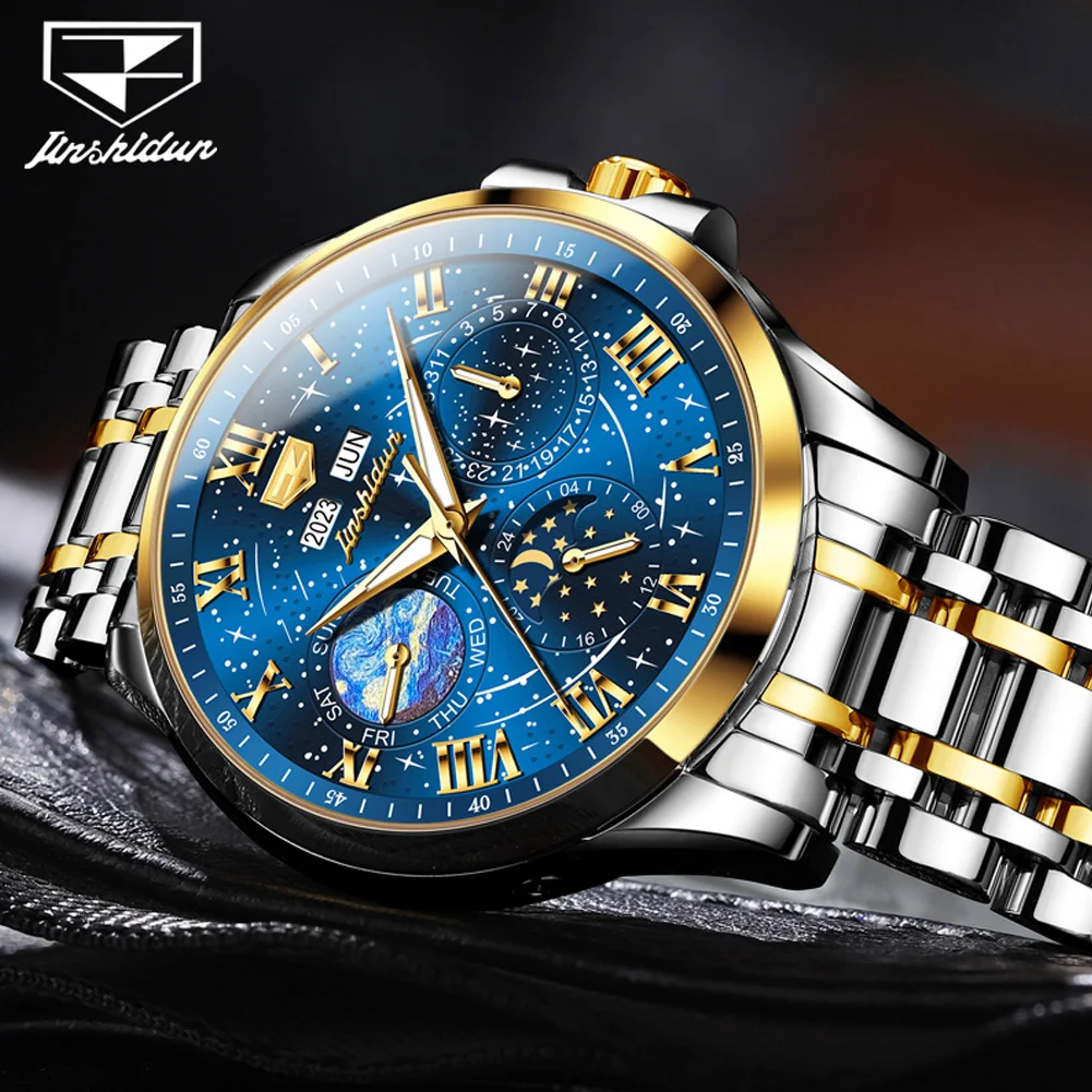JSDUN 8957 Watch For Men Moon Phase Starry Sky Waterproof Luminous Fashion Mechanical Wristwatch Week Date Roman Scale Man Watch