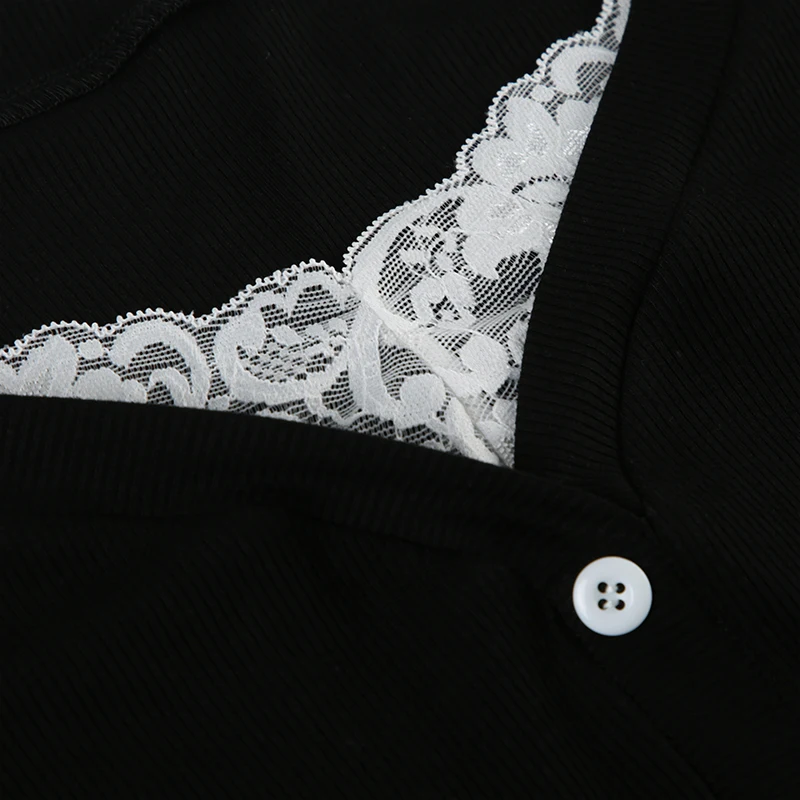 Contrast Lace Patchwork Cute Y2K Slim Long Sleeve Black T-Shirts Women Button Up V Neck Basic Spring Autumn Tee