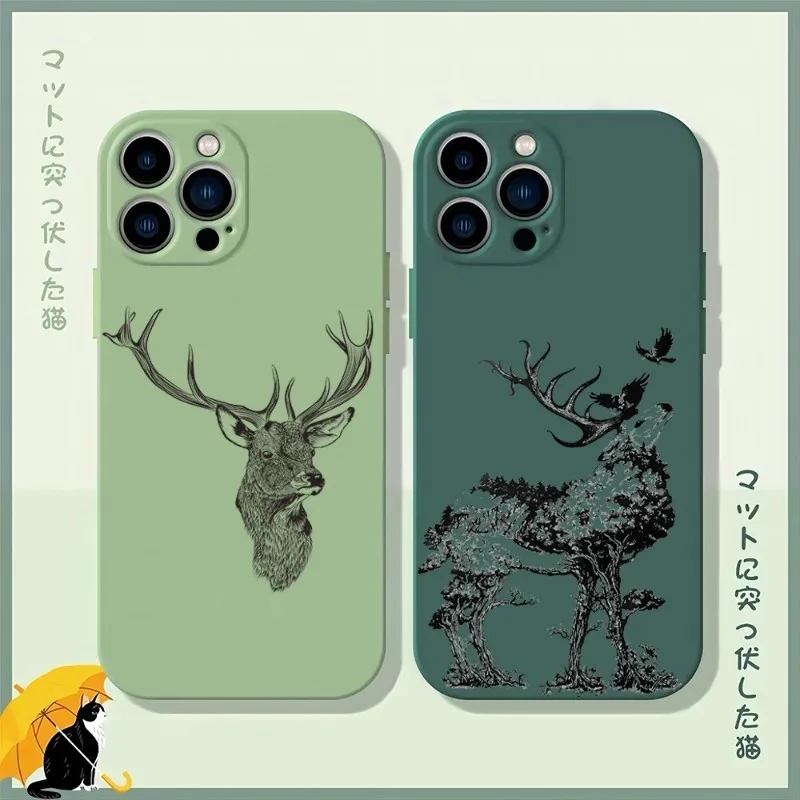 Custodia Per Telefono Nera Deer Forest Matcha Green Per Iphone 12Pro 13 14 11 Pro Max Mini Xs X Xr 7 8 6 Plus Se2020 Cover