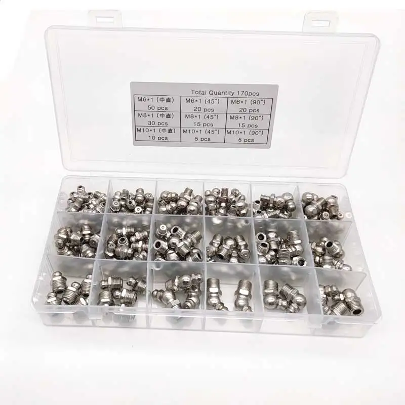 170pcs 90 Degree and Straight Type M6M8M10 Metric Size Hydraulic Zerk Grease Nipple Fitting Male thread Oil mouth Assortment Kit