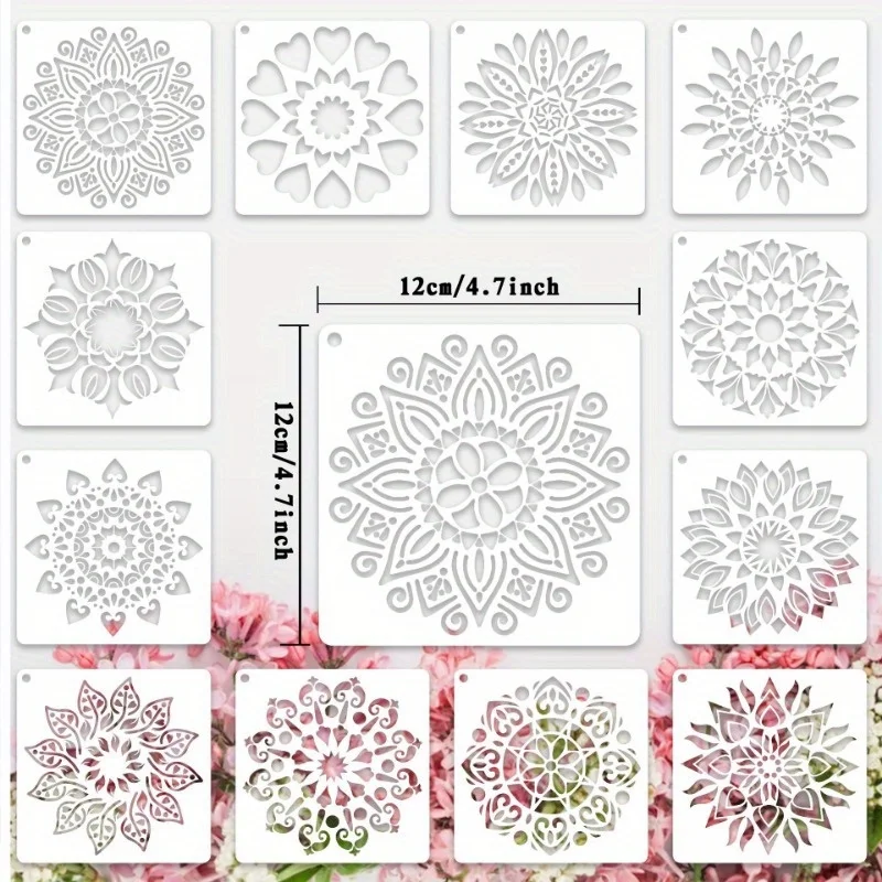 12-Piece Mandala Dotting Stencils Kit - Reusable & Washable PET Plastic Painting Templates for DIY Home Decor and Crafts 5