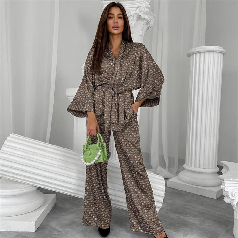 Spring Summer Women's Imitation Silk Pajamas Loose Long Sleeve Cardigan Lace Up Night-robe Pants Sexy Printed Home Clothing Set