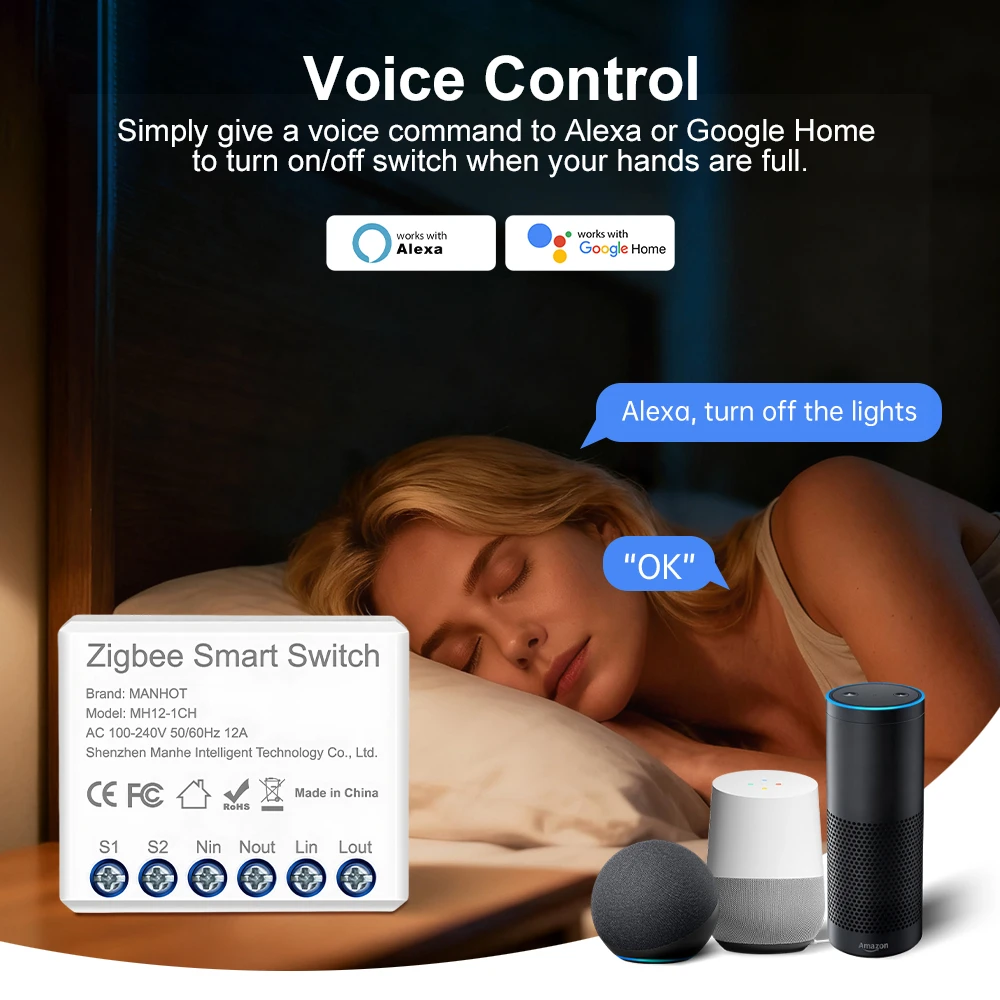 Smart Zigbee Mini Light Switch Module, 16A, with Voice Control Integration