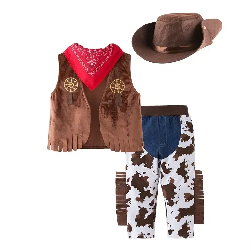 

West Cowboy Suit Children's Holiday Cosplay Costume Role-playing Suit Kids Boy Baby Performance Suit 4pcs Set with Hat