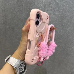 Versatile Ring Holder Heavy Duty Shockproof Case with Lanyard Chain Cover - iPhone 15 Plus (GS  Pink)