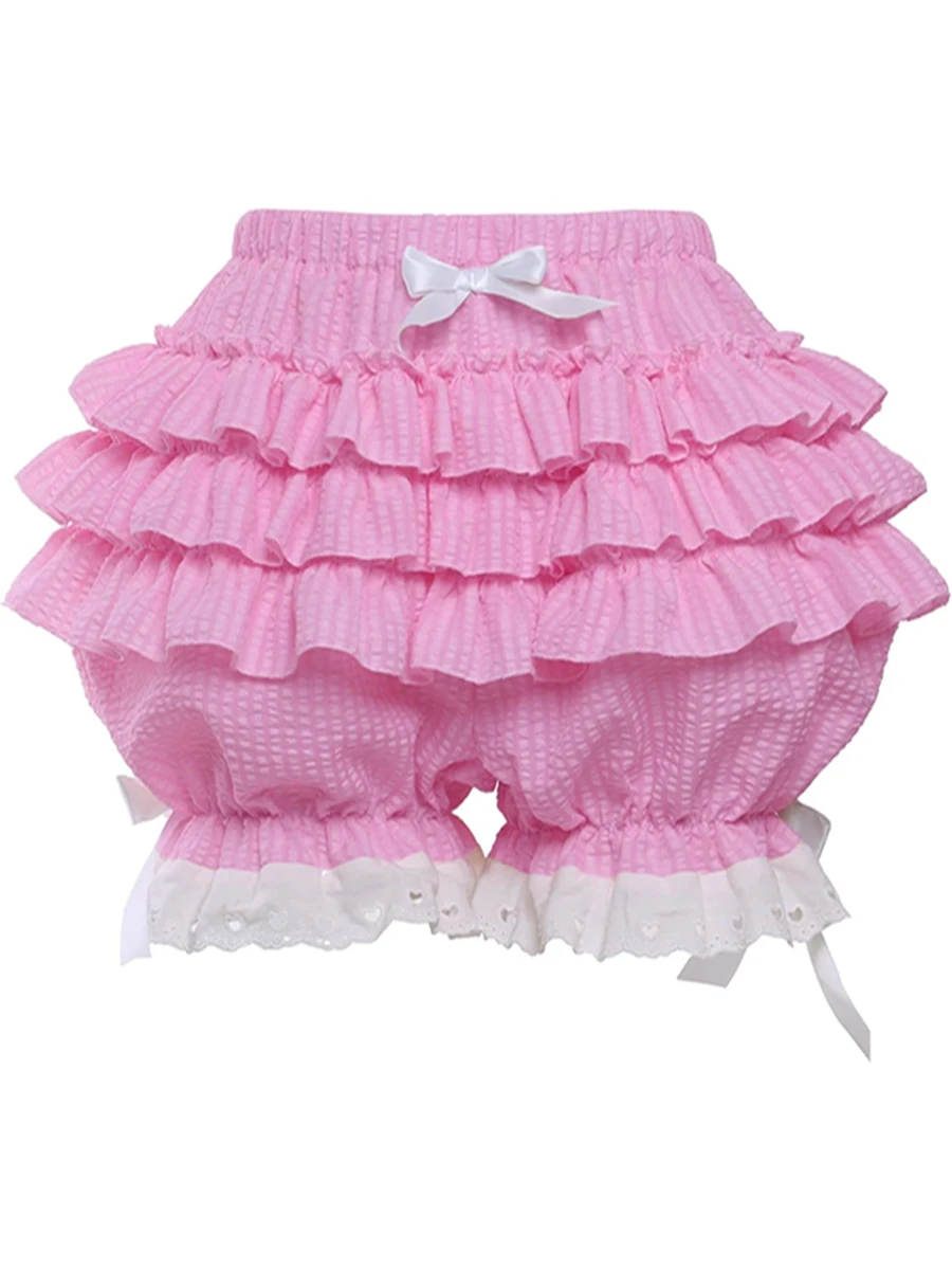 Women's Fashion Bloomers Shorts Lace Trim Layered Ruffle Bowknot Elastic Waist Short Pants Summer Casual Shorts