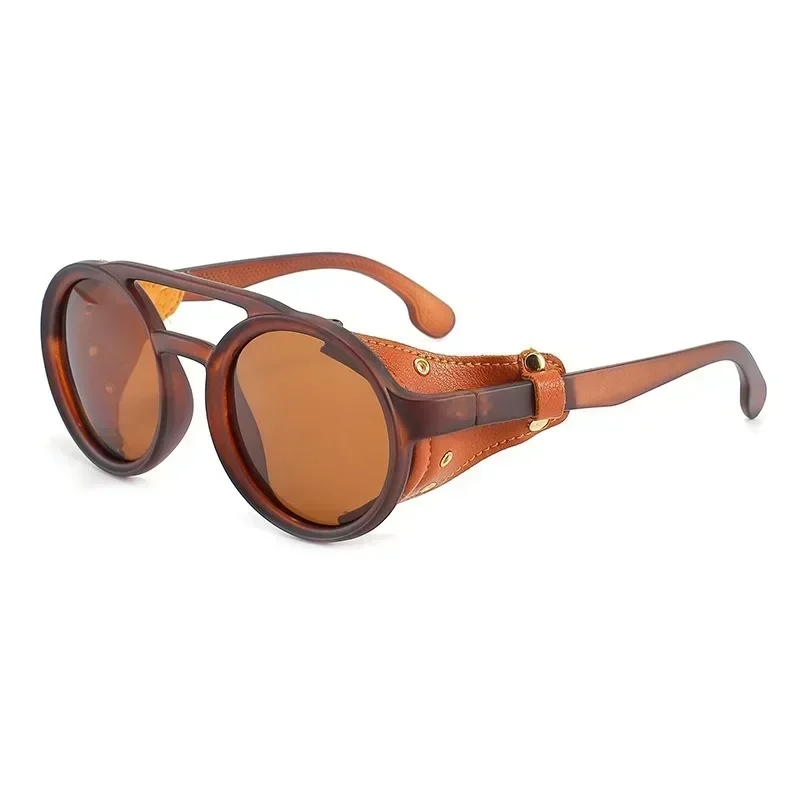 Vintage-Style Leather Round Sunglasses with UV400 Protection