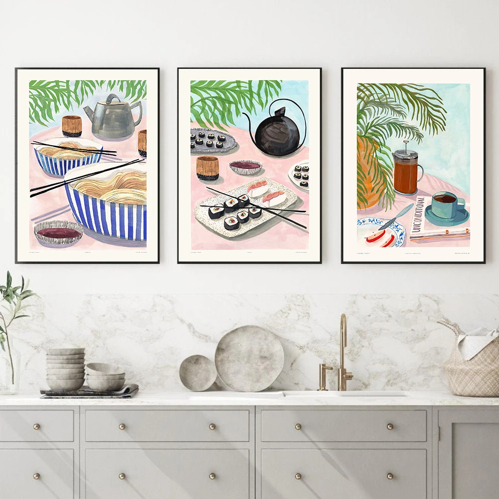 

Sushi Ramen Coffee Morning Poster and Print Nordic Food Pictures Kitchen Dining Room Restaurant Wall Art Canvas Painting Decor