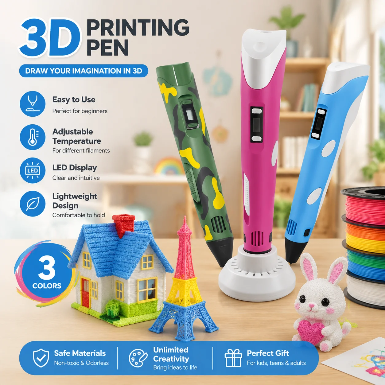 3D 프린팅 펜, 9M PLA 필라멘트 포함, 안전한 고온 DIY 그라피티 드로잉 펜, 어린이 및 성인용, 미술 공예, 크리스마스 생일 선물