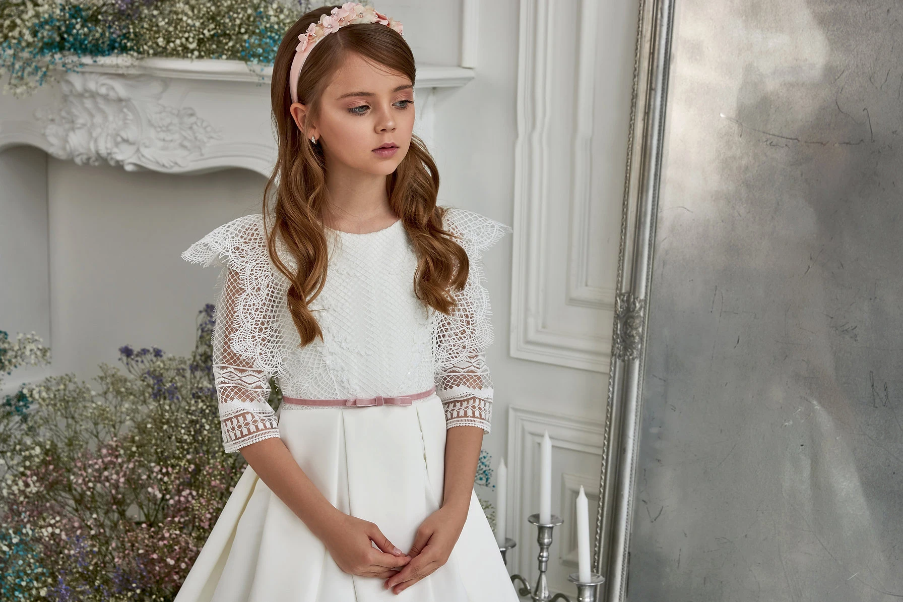 Boho White Flower Girl Dress For Wedding Elegant Satin Half Sleeve Lace Kids Birthday Party Ball Gown First Communion Dress 4