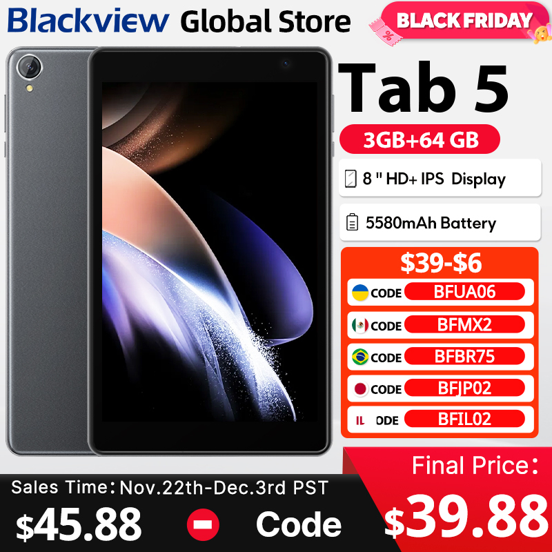  Blackview Tab 5 Tablet 8 inch HD + IPS Display 5GB(3+2 Expand) 64GB ROM Android 12 5580mAh Battery Touch Screen Tablets Pad PC 