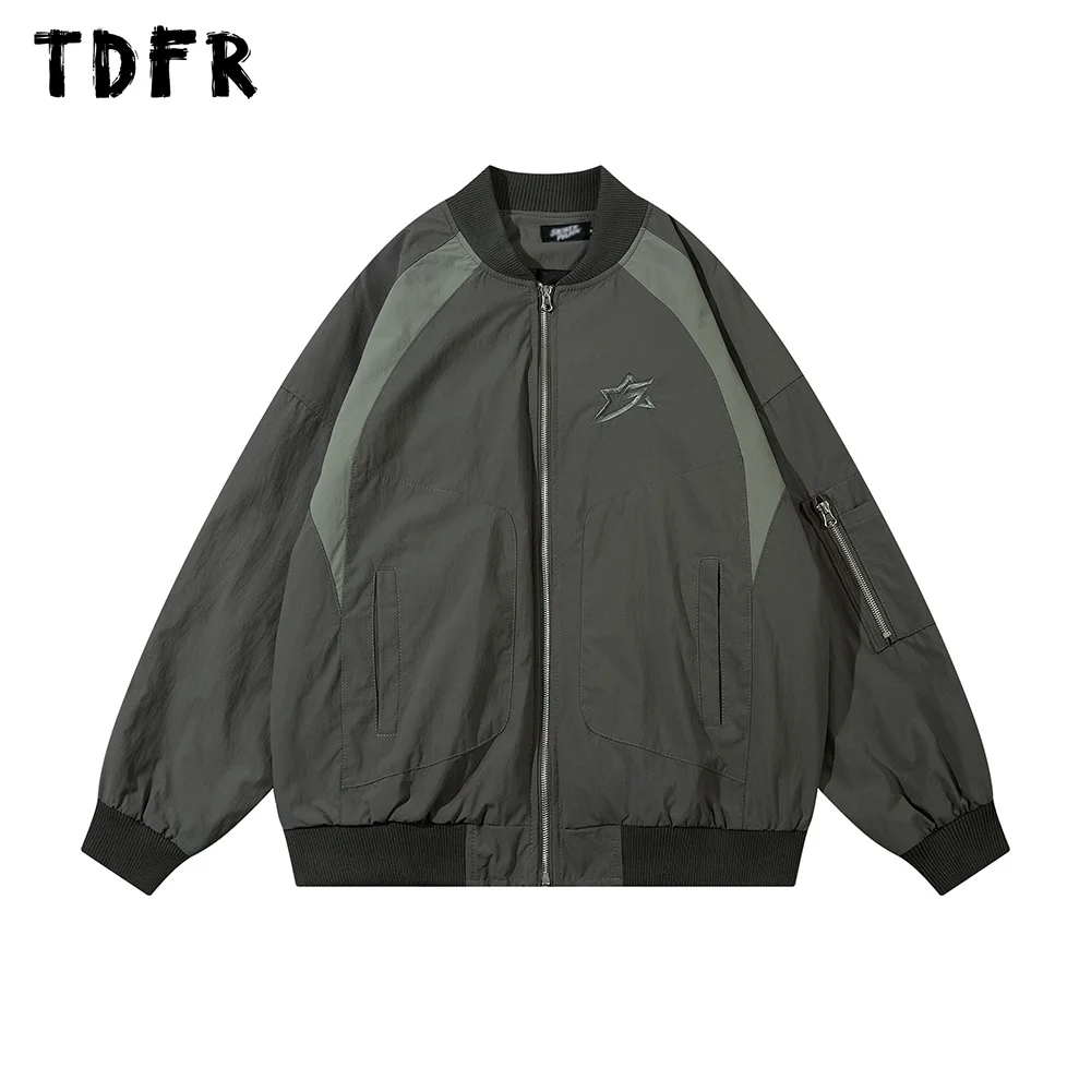 

Embroidery Cargo Jacket Contrast Paneled Mens Autumn Safari Style Loose Stand Collar Long Sleeve Outerwear Men