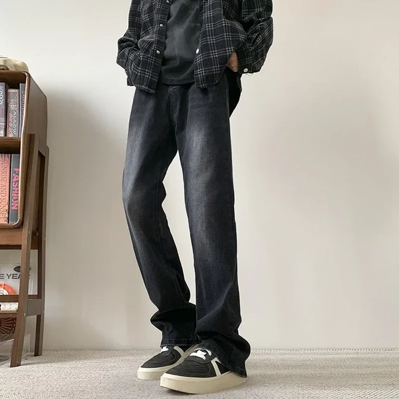 Vintage Distressed Black Jeans for Men Straight Casual Long Pants Autumn Winter Daily Clothing Washed Denim Trousers Male