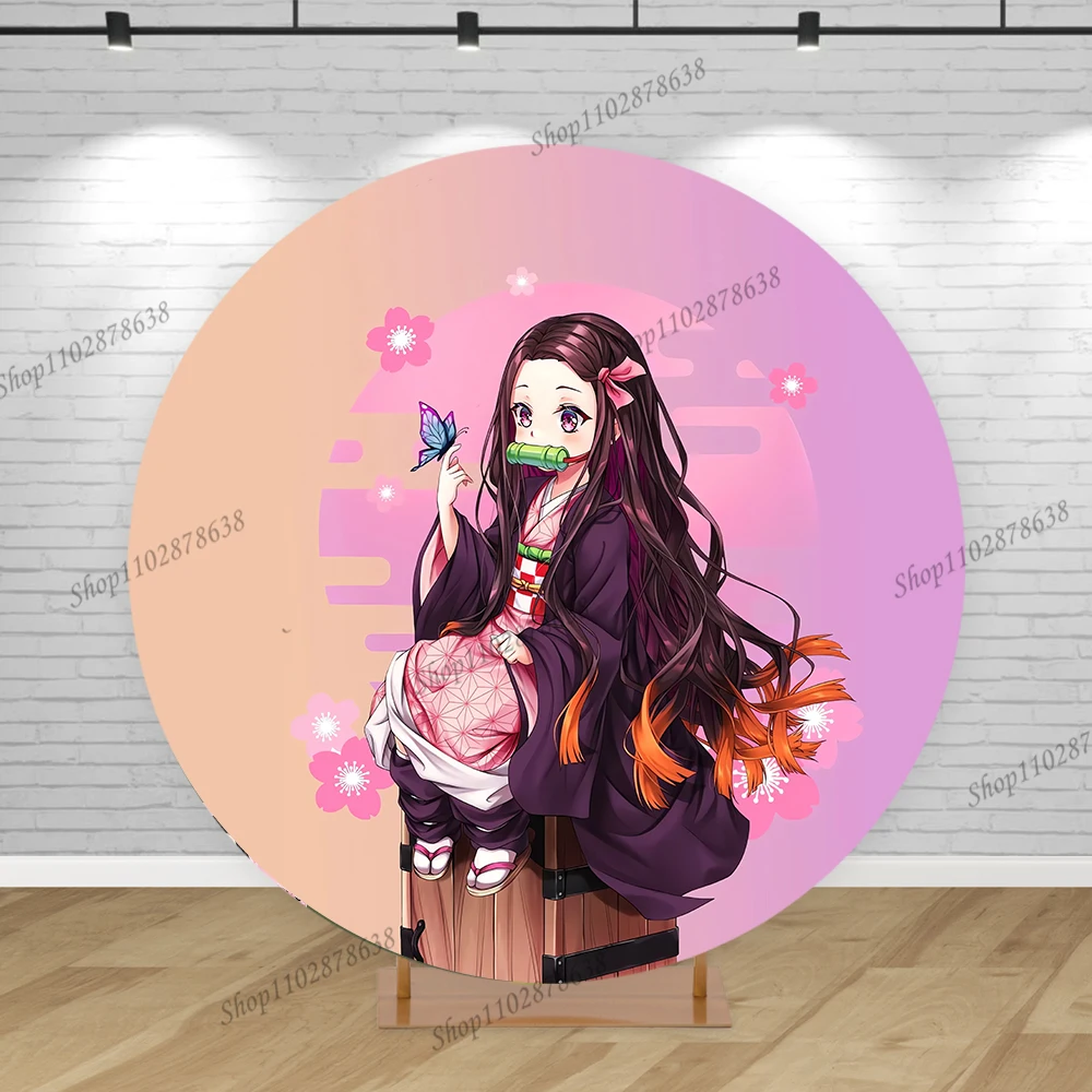 thumbnail image 1 of Fondo redondo para fiesta de Demon Slayer Kamado Nezuko, portada para niña, primer cumpleaños, pancarta de feliz cumpleaños, decoración para baby shower, 1 of 5