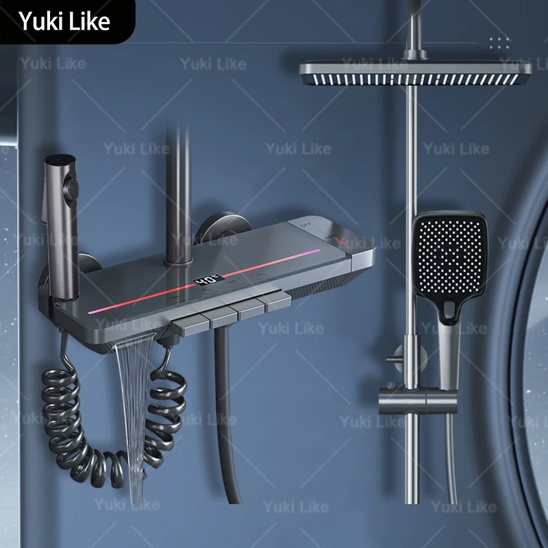 ชุดฝักบัวอาบน้ำระบบดิจิตอลอัจฉริยะ พร้อมไฟส่องสว่างสีเทา Gunmetal สำหรับห้องน้ำ  ระบบเพิ่มแรงดันน้ำ  แสดงผลแบบดิจิตอล  น้ำร้อนน้ำเย็น 1