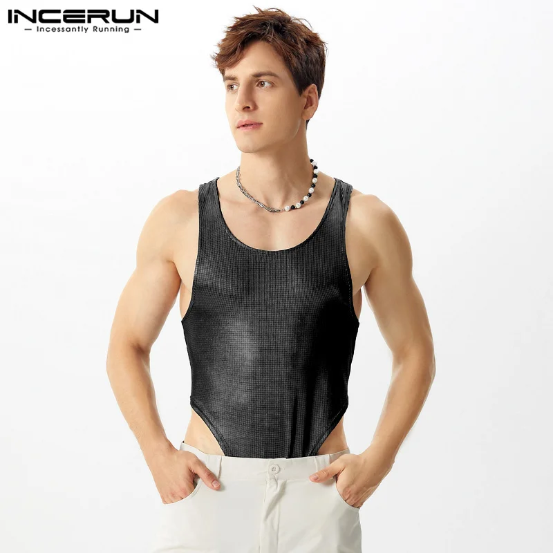 INCERUN Men Bodysuits Sequin O-neck Sleeveless Fitness Sparkling Sexy Rompers Tank Tops Men Streetwear Male Bodysuits S-5XL