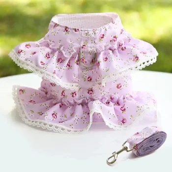 Dog Cat Harness Leash Set Adjustable Lace Floral Printed Pet Harness Vest Cute Dog Clothes Puppy Mesh Harness Dog Accessories 6