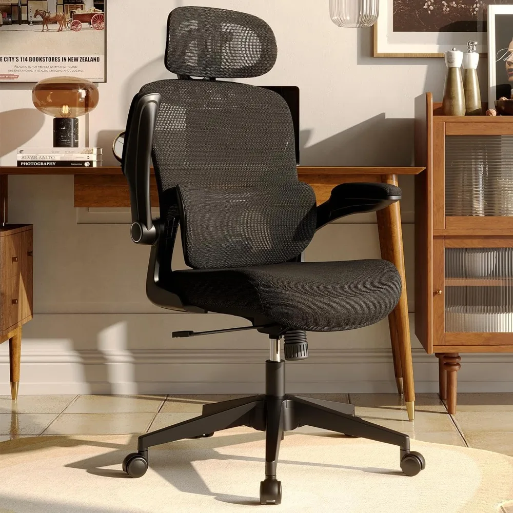 

Ergonomic Mesh Office Chair, High Back Desk Chair with Adjustable Lumbar Support, Flip-Up Arm, Headrest, Swivel Rolling Wheel, B