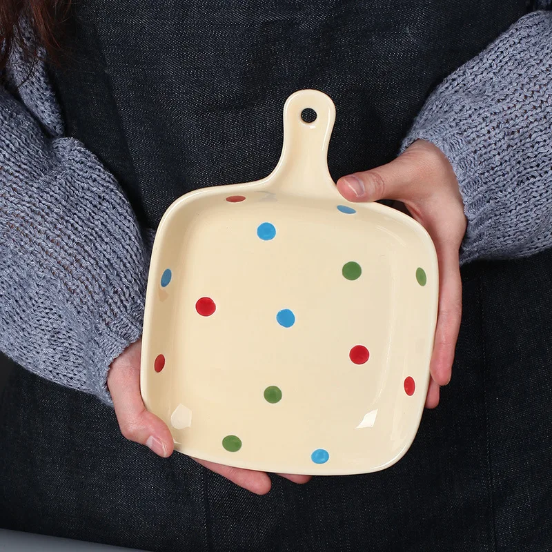 Polka Dot Ceramic Single Handle Plate Creative Baked Cheese Rice Pasta Plates Household Daily High Quality Fruit Breakfast Plate