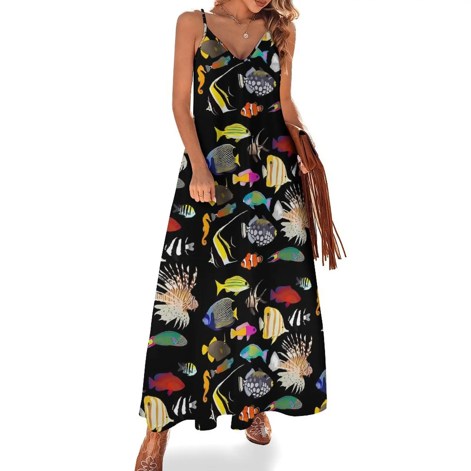 

Color Sea Fish Dress Coral Reef Fishes Sexy Maxi Dress Aesthetic Boho Beach Long Dresses Ladies Spaghetti Straps Custom Big Size