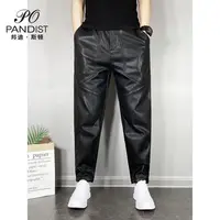 Casual Autumn and Winter Elastic Waist Leather Pants for Men Korean Fleece Heat Motorcycle Windproof Solid Color Black Trousers 4