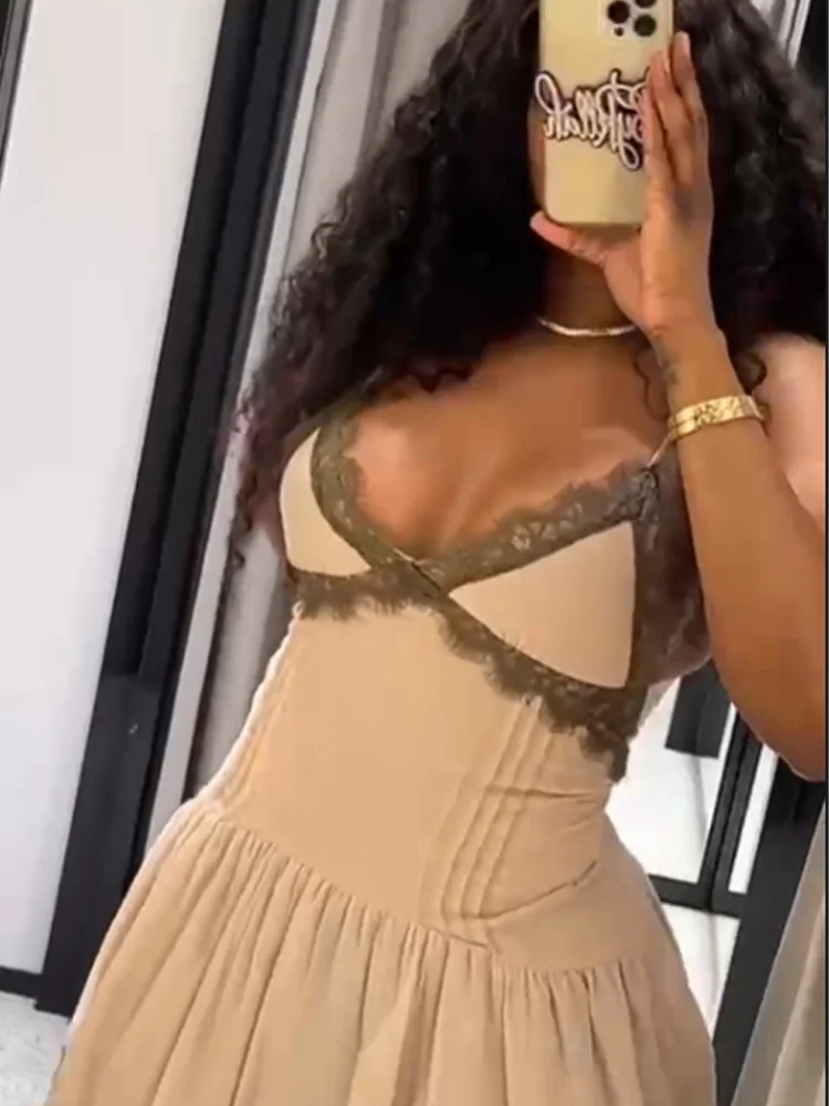 HH Damen Mode V-Ausschnitt Sexy Rückenfreies Ärmelloses Minikleid Sommerliches Elegantes Kleid mit Seitenreißverschluss und Spitzeneinsatz