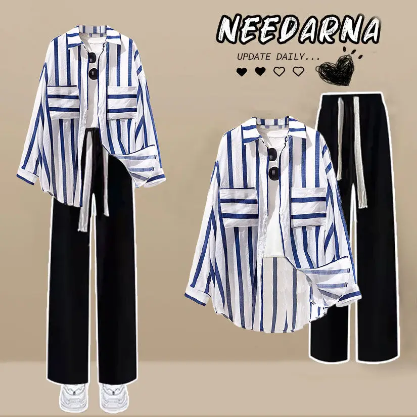 Summer Striped Patchwork Chiffon Shirt Wide Leg Pants Jeans Two-piece Elegant Women\'s Pants Set Casual Outfits Tracksuits