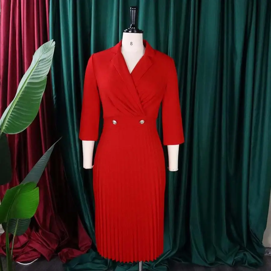

3XL Large Women's 2023 Autumn Winter New Suit Collar Solid Temperament Pleated Dress High Quality Fabric Fashion Red Blue V-Neck