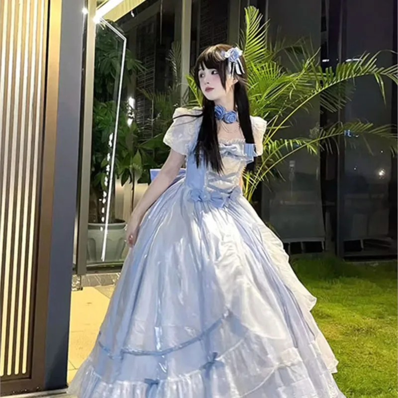 

Blue Adult Dress Big Flower Wedding Gorgeous Puffy Trailing Skirt