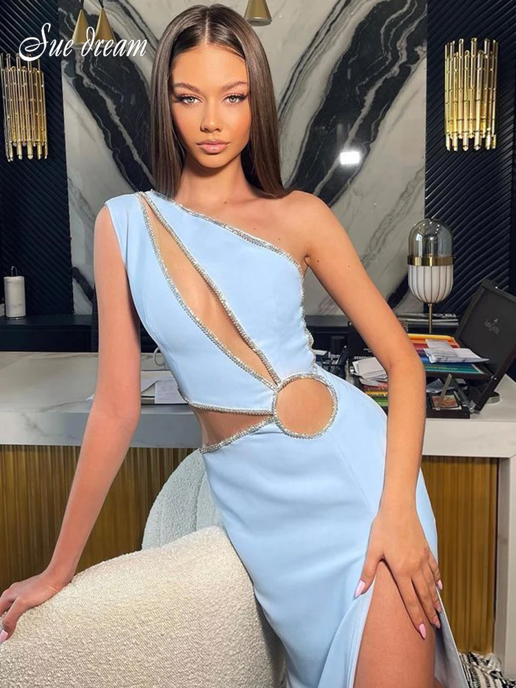 2022-new-summer-women's-sexy-one-shoulder-diamond-hollow-out-bandage-dress-fashion-slit-designer-celebrity-runway-party-dresses