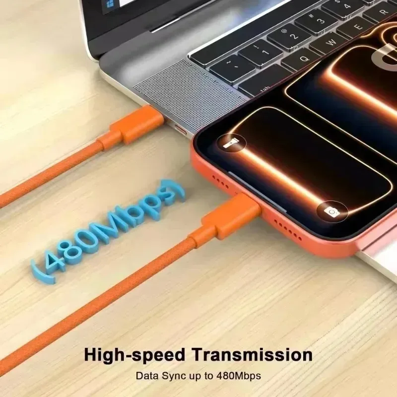 1-3미터 60W PD 고속 충전 USB C 데이터 케이블 (아이폰 17, 16 Pro Max, 17 Air 호환) 오렌지 나일론 편조 케이블, 카플레이 지원