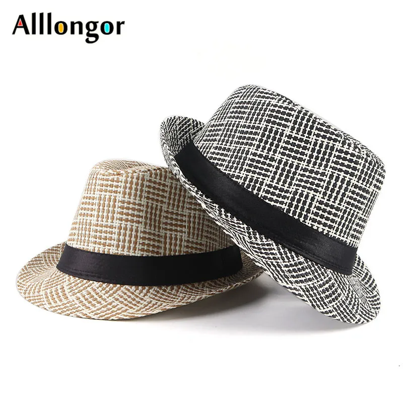 Summer Fedora Hat Men 2022 Gentleman Short Sleeve Plaid Design Paper Straw Sun Hat Beach Panama Jazz Top Cap Sun Protection Caps yellow fedora