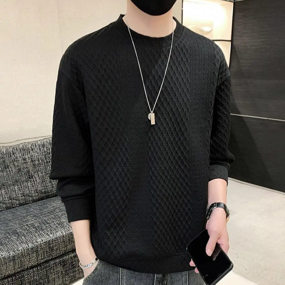 

Men Crew Neck Top Comfortable Men's Spring Fall Sweatshirt with Rhombus Applique Solid Color Loose Pullover Style Geometric