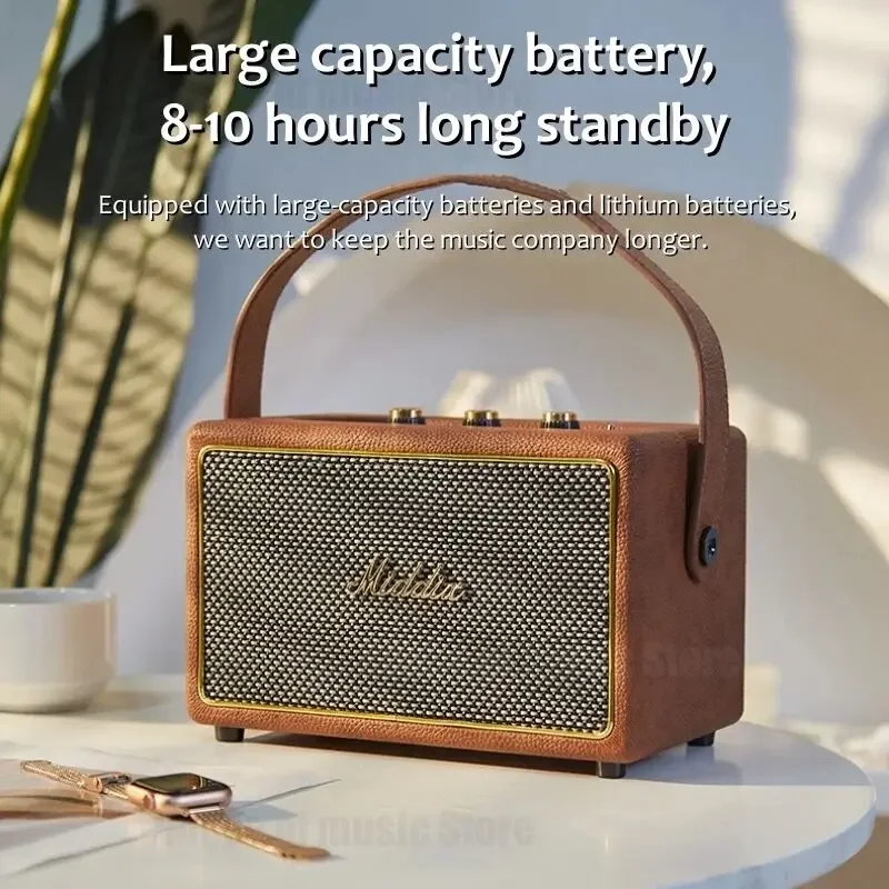 Bluetooth Speaker Professional Portable Wireless Vintage Bluetooth Speakers USB Card Reader Wooden PU Outdoor Home Music Player with Handle Grip