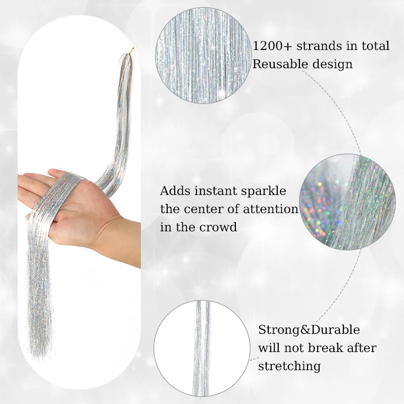 Synthetic 6PCS Sparkle Shiny Tinsel Hair Extensions Colored Long Straight Tinsel Kit 1200 strands Hairpiece for Girls Party Use