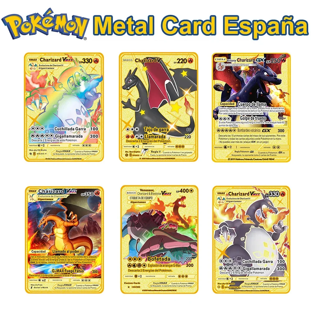 Spagnolo Pokemon Metal Card Pokemon Letters V Vmax Charizard Gx Pikachu Cartas Pokemon Spagnolo Collezione Carte D'Oro Regalo Giocattolo Per Bambini