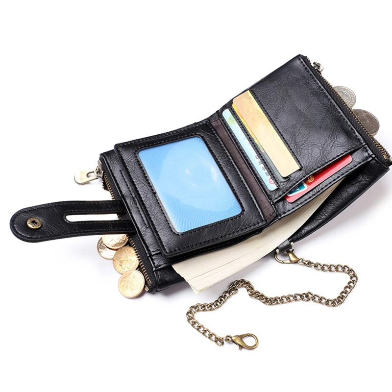 Chain Wallets for Men Leather Bifold Wallet Men Casual Purse Credit Card with Coin Pocket Business Travel Use