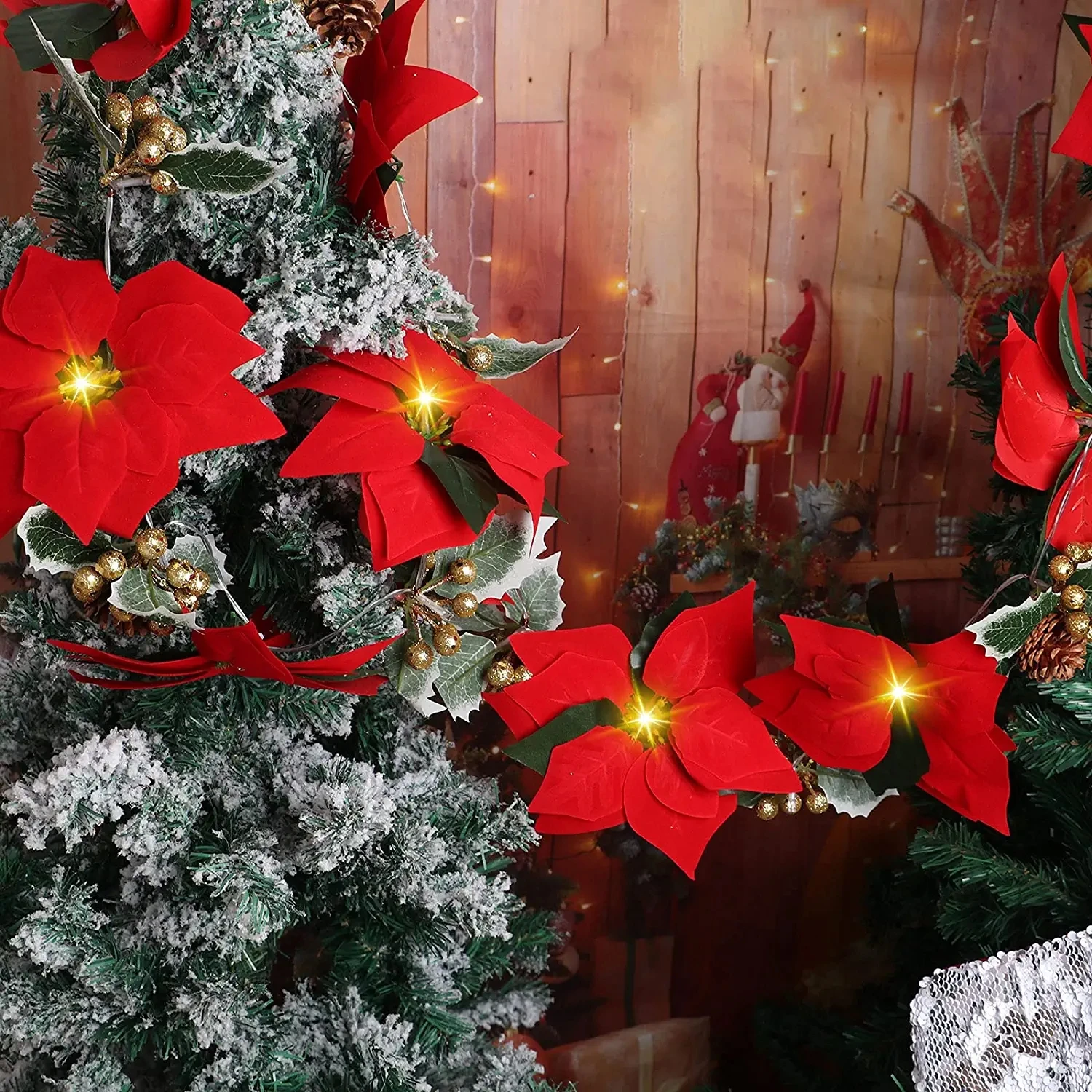 Decorazione Natalizia Con Stelle Di Natale Artificiali Oro - Set Da 12 Fiori Con 12 Fiocchi E 12 Clip - Kit Completo Per Albero E Ghirlande - 6