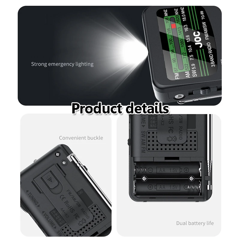 Portable Full Band Radio Mini FM AM SW Radios Receiver with High Power Speaker Support LED Light Wired Headset 2*AA Batteries