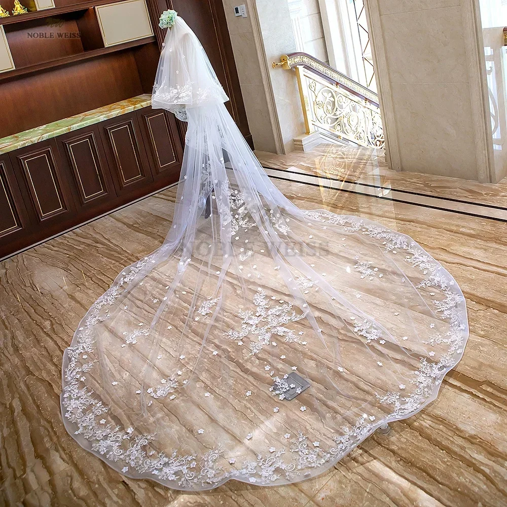 Long Wedding Veils Comb Two Layers Appliques Bride Veil Lace Edge Tulle Veils Accessories 3m*4m Customized bridal veil