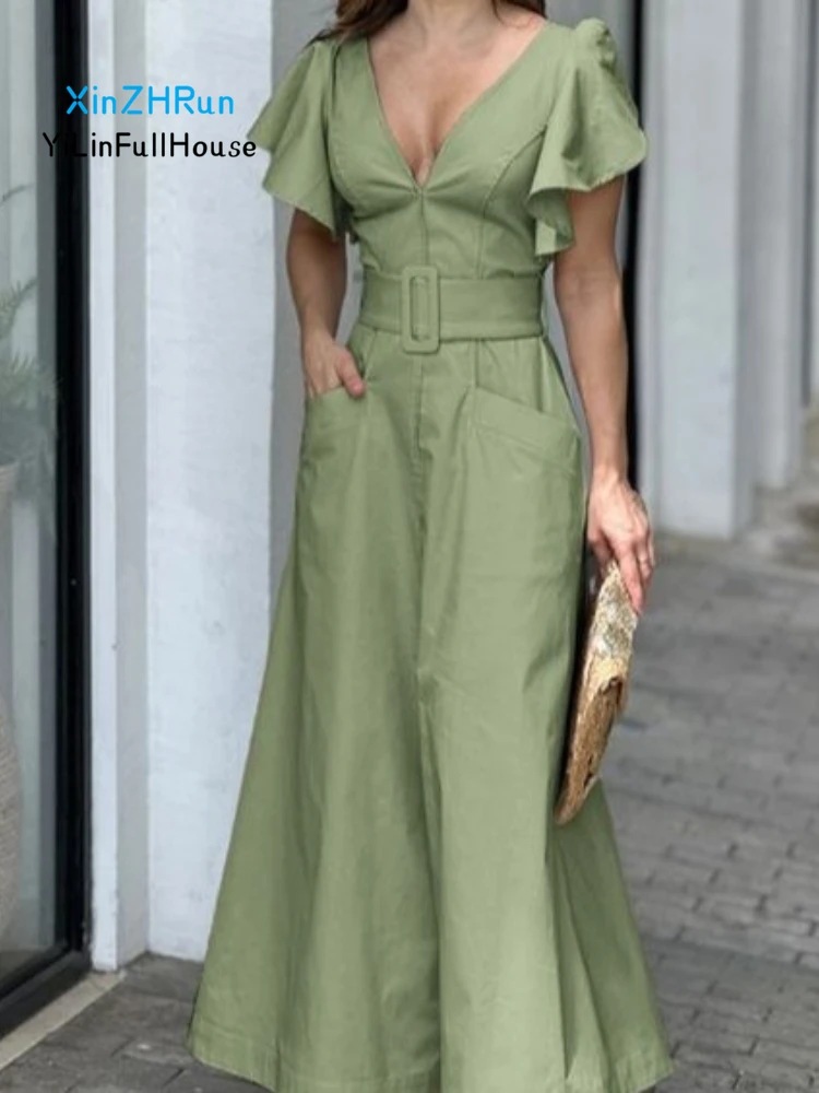 

2024 Summer New Women Fashionable Style Deep Vneck Lotus Leaf Cuff Belt Solid Color High Waist Large Hemline Street Style Dress