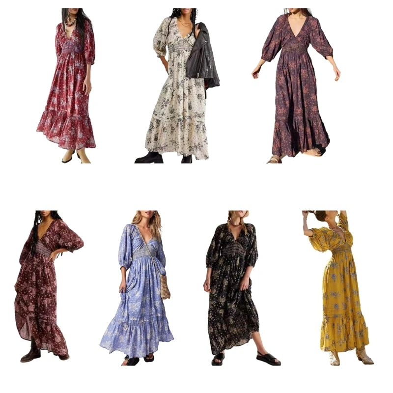 

Women 2023 Summer Deep V Neck High Waist Short Sleeve Casual Short Dresses Bohemian Floral Swing Flowy Beach Maxi Dress N7YE