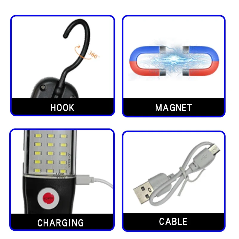Repair Flashlight Auto Repair Work Light USB Rechargeable Flashlight Portable Emergency Lights Magnet Hook For Car Repair Fishing Emergencies