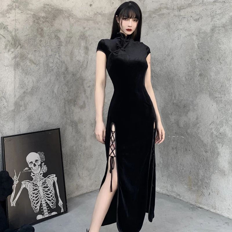 Vintage Black Bandage Chinese Style Cheongsam High Split Velvet Dress Spring 2024 Retro Long Qipao Gothic Women Aesthetic Dress