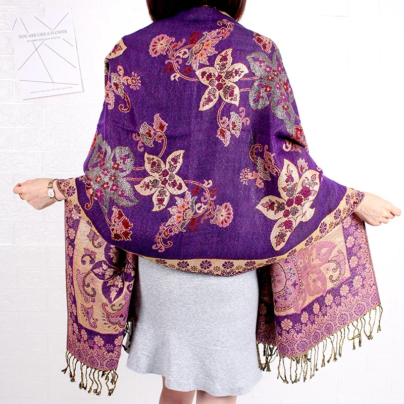 Paisley Jacquard Pashmina Scarf with Floral Border and Tassels